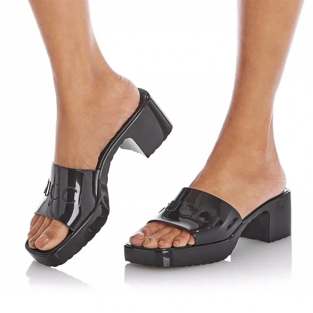Gucci Women’s Black Nero Rubber Logo GG Slide Sandals 60MM Size 10 NIB - Picture 10 of 11
